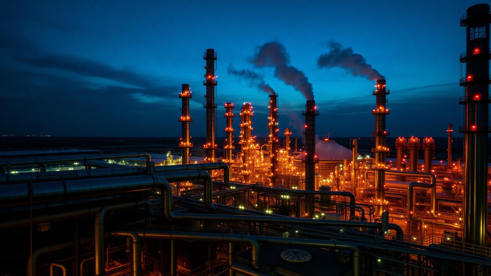 Petrochemical plant piping and distillation columns at dusk
