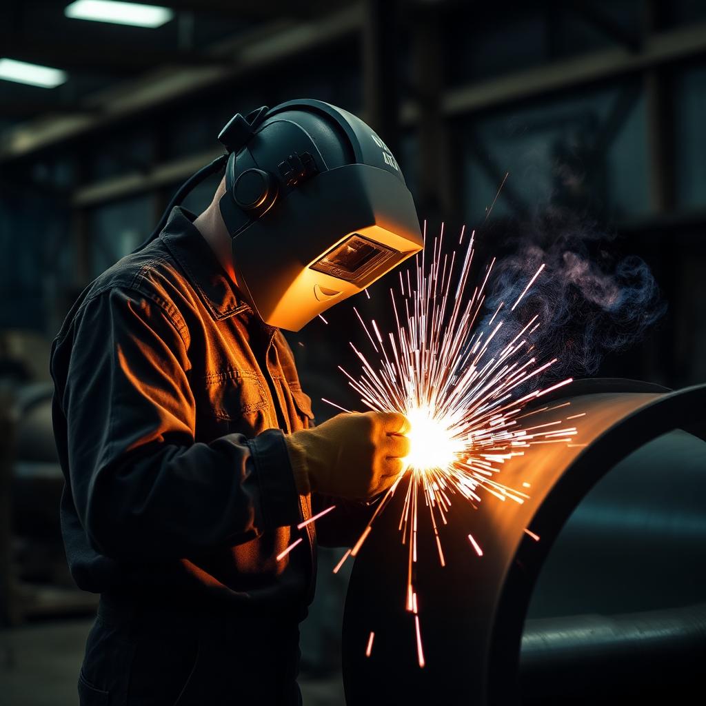Welder fabricating a steel pipe spool in an industrial workshop